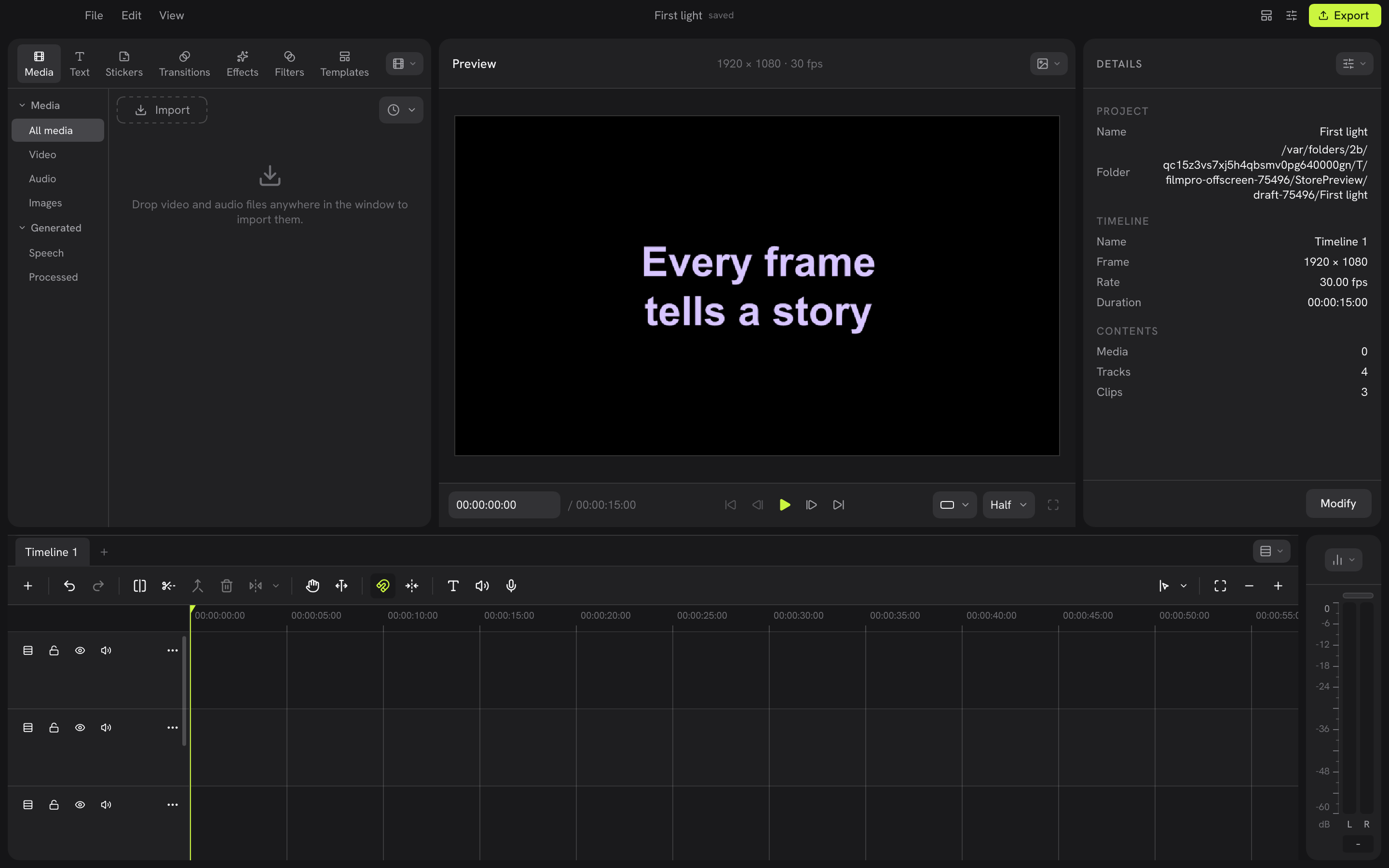 Film Pro workspace with a preview monitor, project browser and multitrack timeline